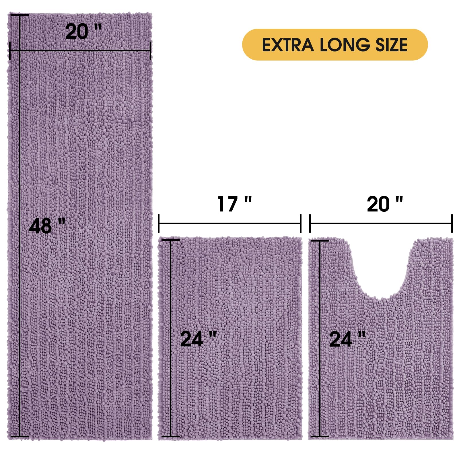 Accumtek Upgrade Extra Large Lavender Bathroom Rug Set 3 Pieces Ultra Soft, Thick Absorbent Bath Mats, Non Slip Chenille Toilet